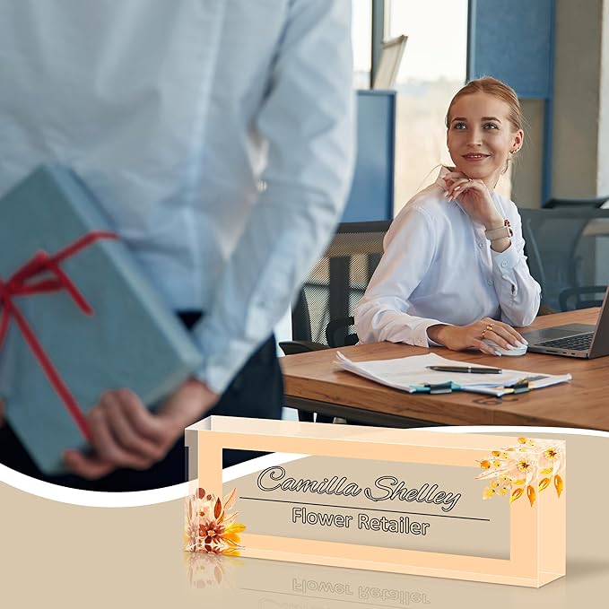 Personalized Name Plate for Desk, Custom Acrylic Desk Name Sign, Office Appreciation Gifts for Women Men Coworkers Boss Teacher Employee (Yellow-Floral)