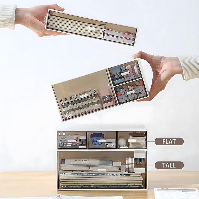 Desk Organizer and Storage with 1 Deep Drawer, Plastic Stackable Desktop Accessories & Workspace Organizer for Office Stationary Bathroom Craft Makeup, White