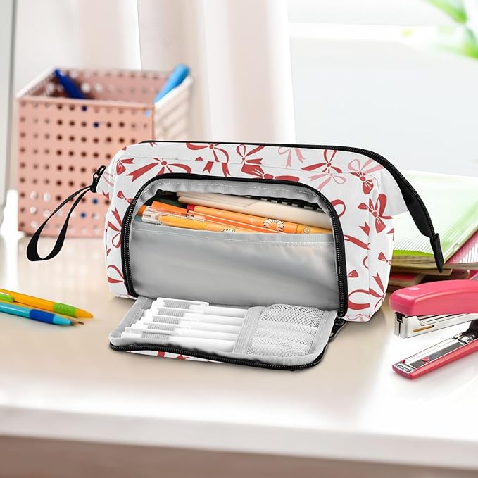 Red Bow Pencil Case Pouch Big Capacity Pencil Bag Box Organizer Pen Case with Handle Pencil Cases for Girls Boys Women School College Office