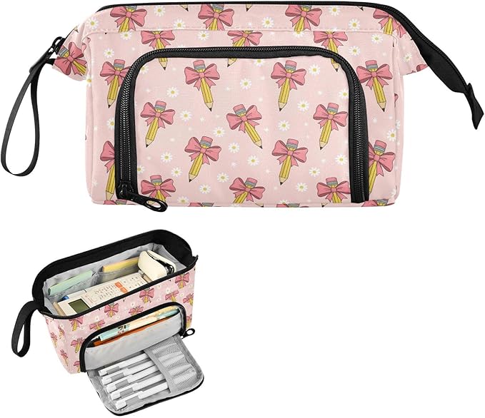 Ribbon Bow Pen Pencil Case Pouch Big Capacity Pencil Bag Box Organizer Pen Case Pencil Pouch Aesthetic with Handle for Teen Girls Boy College Women School
