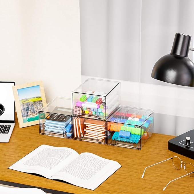 4.4" Tall Small Clear Acrylic Stackable Storage Drawers for Vanity,Under Sink,Bathroom Closet,Medicine Cabinet Organization and Plastic Storage Bins for Organizing Makeup,Baby Bottles,Pacifier,2 PCS