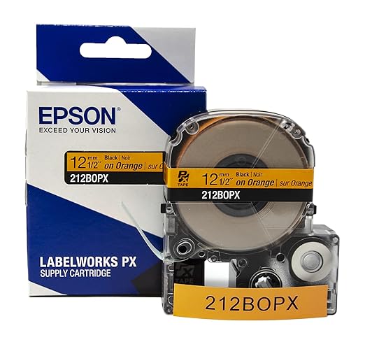 Epson LABELWORKS 212BOPX Genuine PET (Polyester) Tape Cartridge - Black on Orange Label Maker Tape - 1/2" (12MM) Wide, 30'