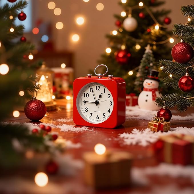 AYRELY® Battery Operated Alarm Clock,Small Retro Table Clock,Slient Metal Desk Clock with Light for Living Room Decor,Bedroom,Bedside,Shelf (Red)