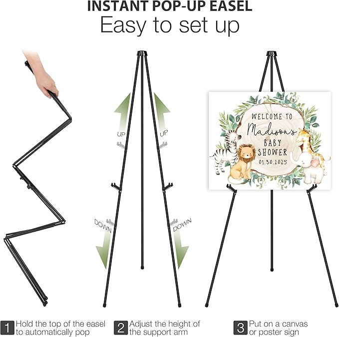 63" Easel Stand for Wedding Sign Poster Display Easel Floor Adjustable Metal Black Art Easel Instant Folding Tripod Easel for Painting Canvas Wedding Welcome Sign Stand, 1Pack
