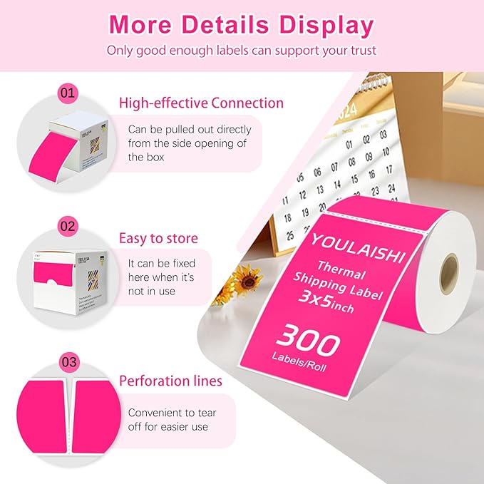 YOULAISHI 3 X 5 Inch Printable Waterproof Rectangle Color Coding Labels, 300 Per Roll Adhesive Color Coding Stickers for Bar-Codes, Address, Small Business Labeling, Fluorescent Pink