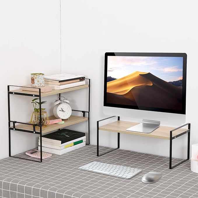 YGYQZ Wood Office Desk Shelf Organizer - Desktop Supplies Cute Dresser Top Organization Storage Rack and Cubicle Decor Aesthetic Bookshelf for Women Man and Kids (Black Wood-Three Tier)