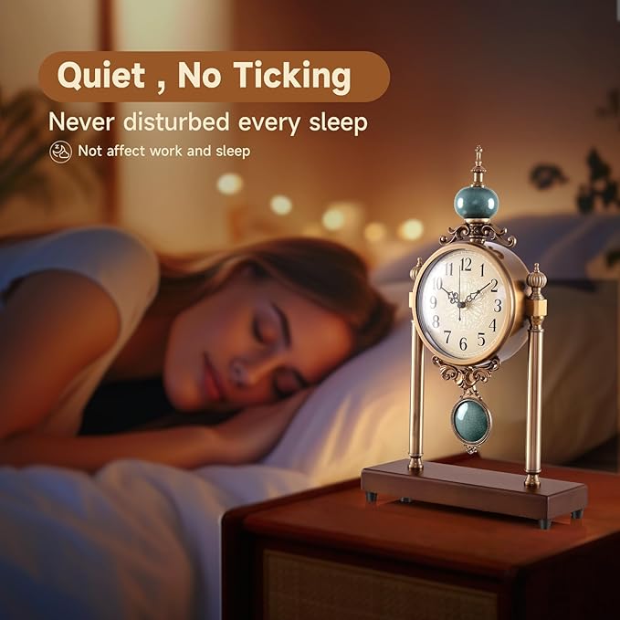 Vintage Table Clock with Turquoise Accents, Silent Non-Ticking, Wood Base and Metal Frame, Decorative Antique Design