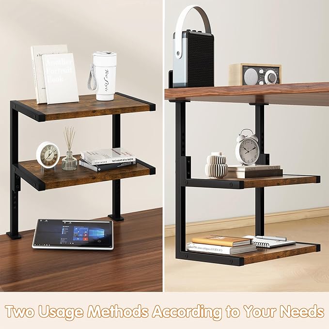 IBUYKE Clamp on Desk Organizer Shelf,12.9 inches Desk Extender Shelves, Above or Below Desk 2-Tier Adjustable Storage Shelves for Desktop Accessories,Rustic Brown,TMZ007H