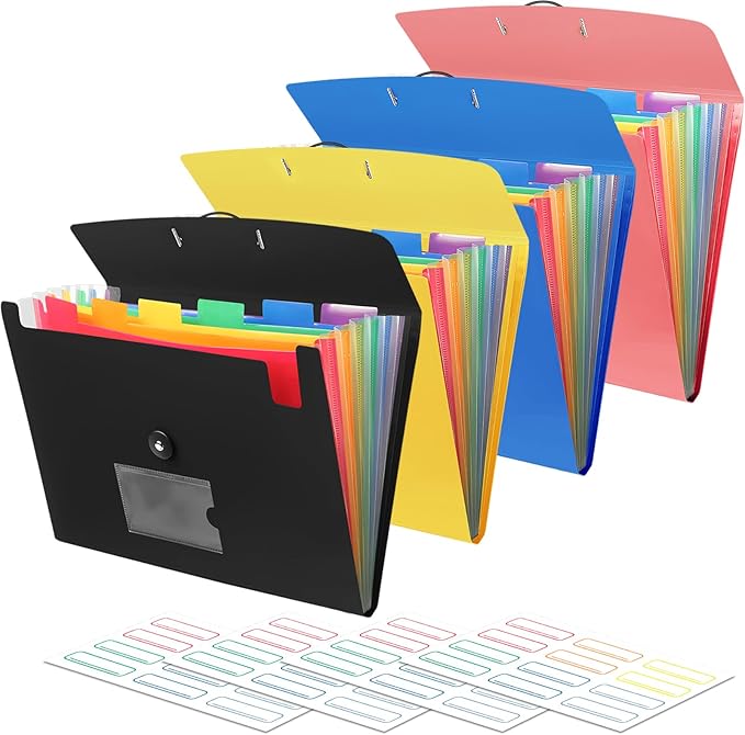 4 Pack 7 Pocket Accordian File Organizer with Labels, Expanding File Folder Plastic Expandable File Folder for Documents Letter Size A4 Papers