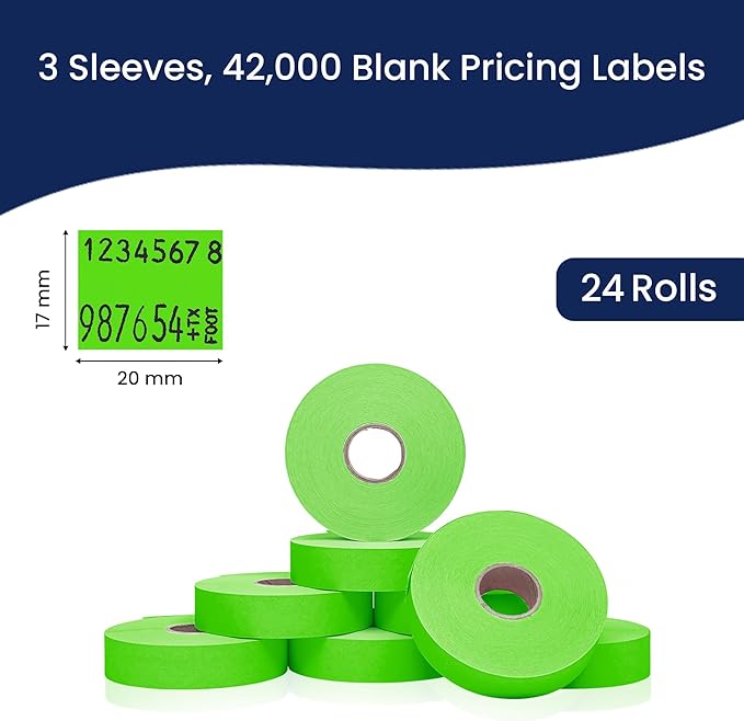 Perco Fluorescent Green Pricing Labels for Monarch 1136 Price Gun – 3 Sleeves, 24 Rolls Value Pack - 42,000 Price Marking Labels – with Ink Rolls Included