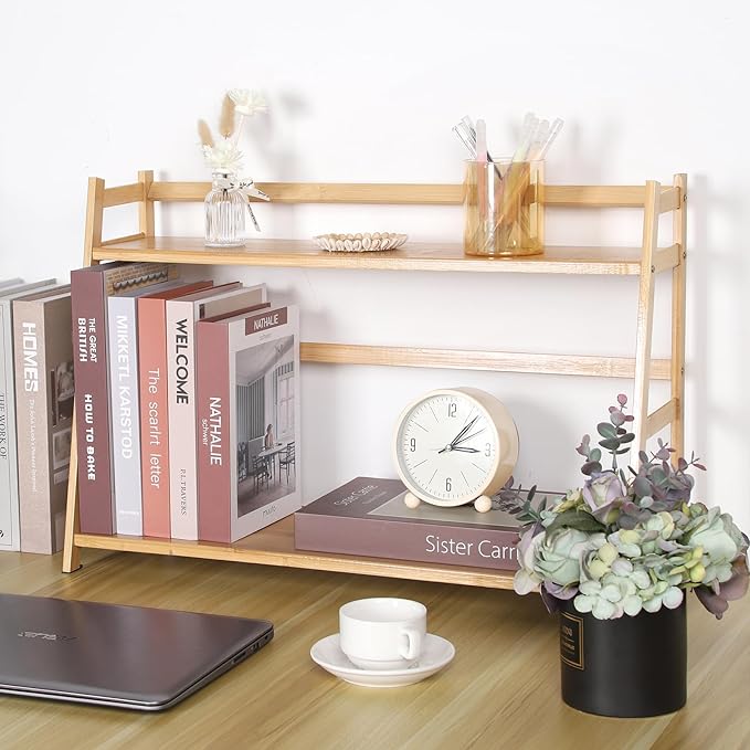 2-Tier Ladder Desktop Bookshelf, 23.62" Wide Wooden Countertop Storage Hutch for Office, Dorm and Home, Small Desk Organizer for Books and Decor