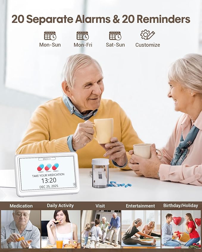 Digital Clock with Date and Week for Seniors, Alzheimer's Dementia Clock with 20 Alarms and 6 Medicine Reminders, 12 Display Modes Large Font Digital Calendar Alarm Clock for Vision Impaired(7 Inch)