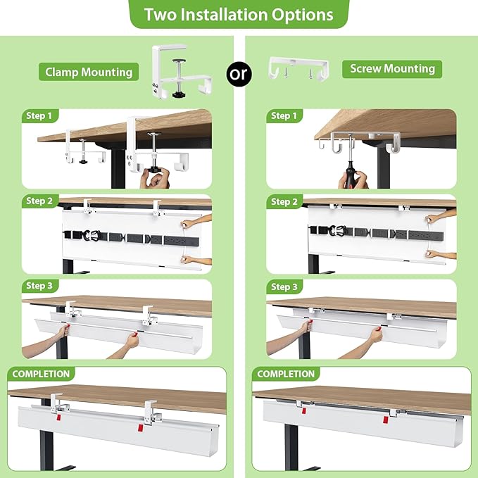 KEEGH Extra Large 48" Under Desk Cable Management Tray - Under Desk Cord Management - Clamp/Screw Mount - Support Upto 70lbs - Fabric Wire Management - Cable Raceways Cord Hider for Office/Home, White