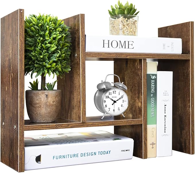 BROWN-BROWN Adjustable Wood Desk Shelf Organizer Office Home Multipurpose Desktop Shelf, Display Shelf Rack Top Mini Bookcase, Free Style Display Desktop Organization