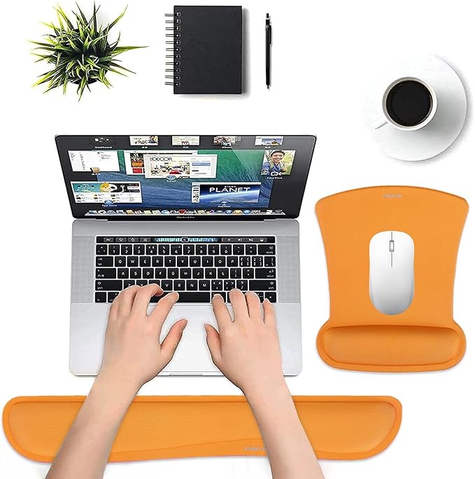 MOSISO Wrist Rest Support for Mouse Pad & Keyboard Set, Ergonomic Mousepad Non-Slip Base Home/Office Pain Relief & Easy Typing Cushion with Neoprene Cloth & Raised Memory Foam, Orange