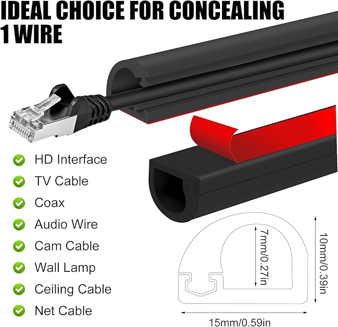 Self-Adhesive Cable Hider, Flexible Wire Cover Cable Raceway for Wires, Wall Mount TV, Home Audio, Network, Power, and Phone Line Managemen (Black, 157inch)