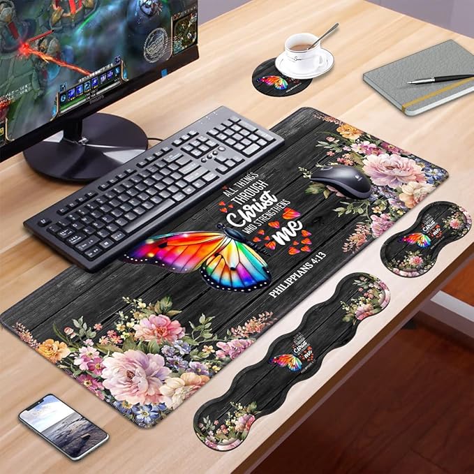 Ergonomic Keyboard Wrist Rest & Mouse Pad Wrist Rest Set, Large XXL Gaming Desk Mat 31.5"x 11.8", Memory Foam, Easy Typing Pain Relief for Office & Home, Butterfly Quote Bible Verse Philippians 4-13