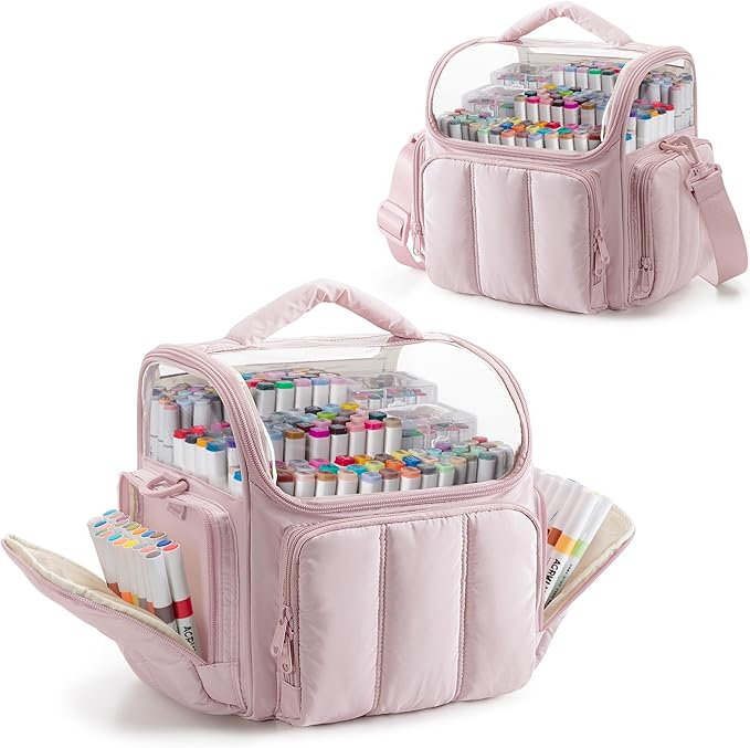 Puffy Marker Organizer Case for 210 Markers, Large Marker Storage Bag with Shoulder Strap for Adults, Artists, Teachers, Coloring Enthusiasts, Marker Holder Organizer, Pink (Patented Design)