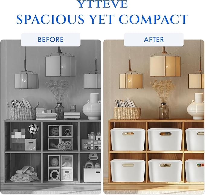 6 - Pack White Plastic Storage Bins for Shelves, Closet Kitchen Storage Containers for Pantry Bathroom Office Organization Baskets, Cabinet Organizing Containers, White Organizer Bins for Shelves