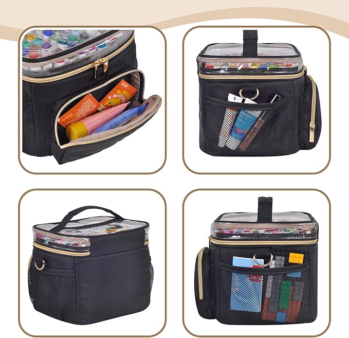 Professional Marker Organizer Case for 120 Markers, Portable Travel Art Supply Marker Storage Carry Bag with Dividers and Shoulder Strap (Black)