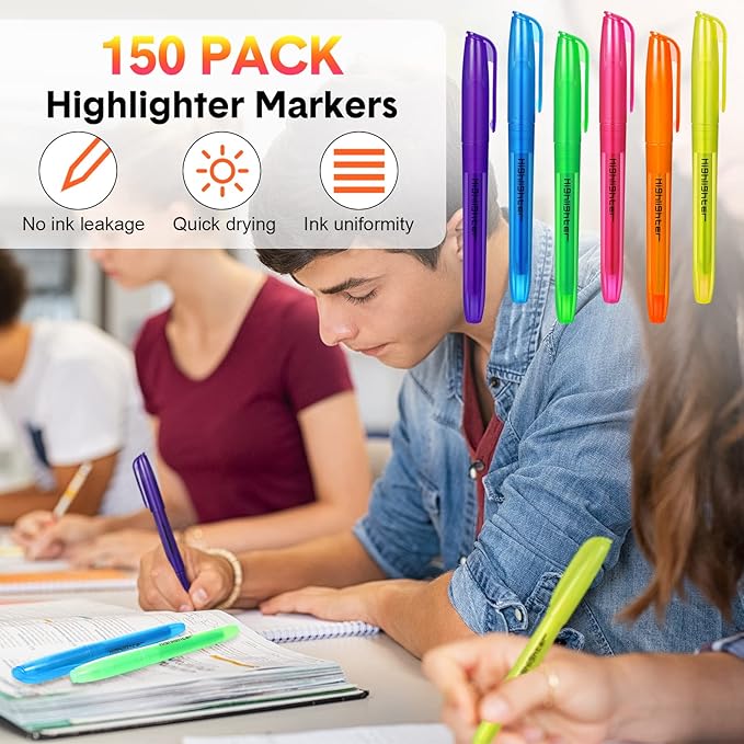 Thenshop 150 Pcs Highlighter Assorted Colors Bulk Colorful Highlighter Markers Bulk Pack Chisel Tip Fluorescent Pens for Office Supplies (Blue, Pink, Orange, Yellow, Purple, Green)