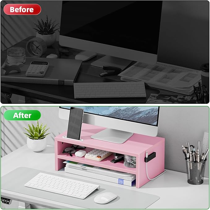 Marbrasse Monitor Stand Riser, 16.5 Inch 2 Tier Computer Printer Shelf Stand for Laptop Computer Screen Storage, Desktop Stand with Phone Holder and Cable Management (Pink)