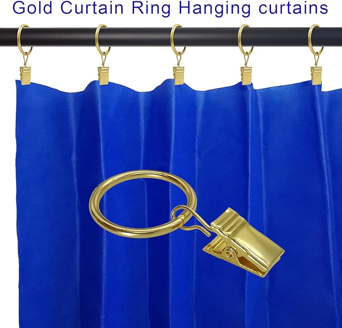 LLPJS 100 Pack Curtain Rings with Clips, Curtain Clip Rings Hooks, Bow Hanger Clips for Hanging Drapery Drapes Bows, Ring 1 inch Interior Diameter, Fits up to 5/8" Rod, Gold