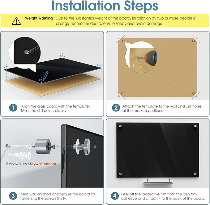 MaxGear Glass Whiteboard Wall Mounted, Frameless Magnetic Dry Erase Board, Tempered Glass, Steel-Backed, Non-Porous Smooth Surface, Floating Design, Accessories Included, for Office Home Classroom