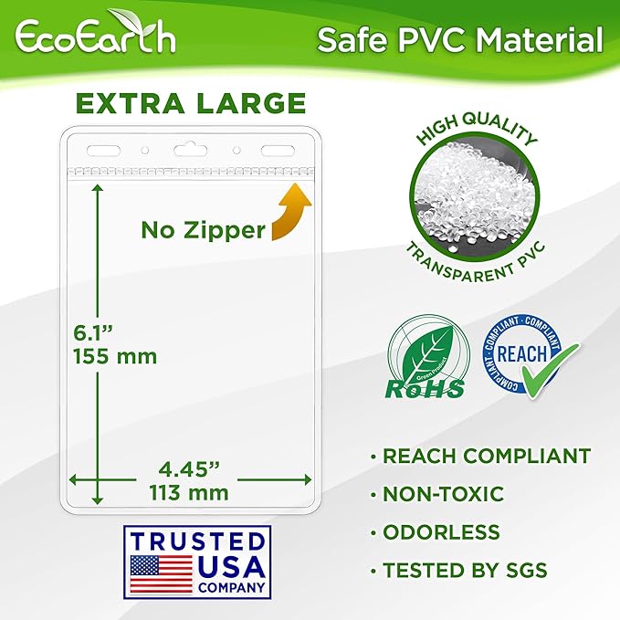 EcoEarth Passport & Identification Card Holders with Soft Edge (Clear, 4x6 Inch, 250 Pack), Extra Large Vertical ID Holder, Zipperless Plastic Name Badge Holders