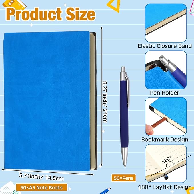 Kolldenn 50 Pack Notebooks Journals Bulk with 50 Pens A5 Softcover Notebooks Waterproof School Notebooks Leather Ruled Journal with Pen for School Business Work, 200 Pages, 5.7" x 8.3" (Blue)