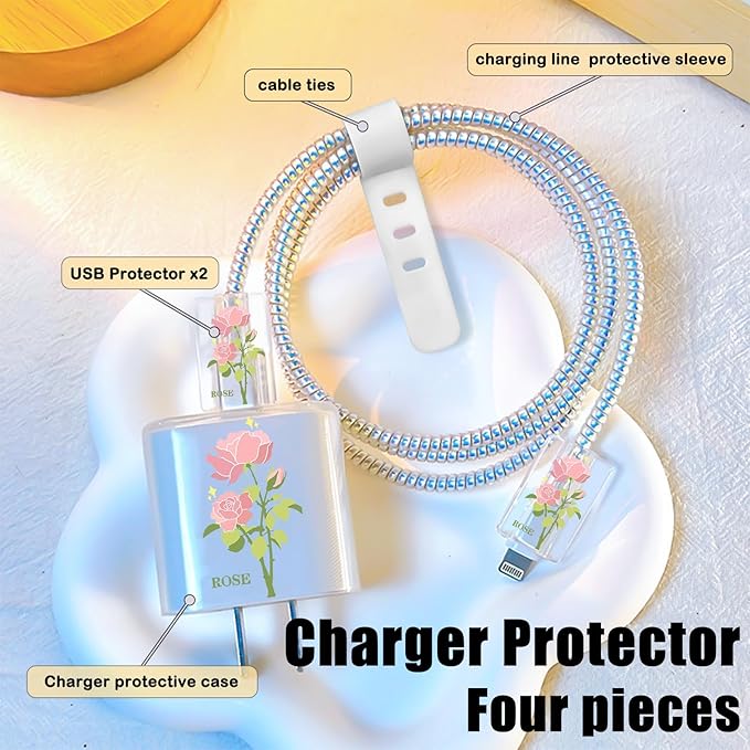 Flowers DIY Cable Protector for iPhone 18W/20W Charger,Pink Rose Pretty Design Transparent Data Line Cable Saver Phone Charging Protector for Apple Charger Case