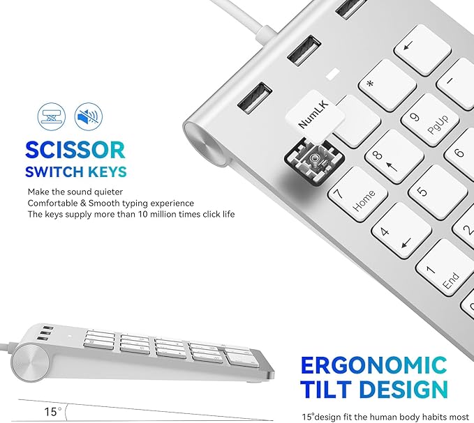 Wired Numeric Keypad USB-C & USB-A - 18 Keys Number Pad with 3 USB 2.0 Port, 15° Ergonomic Numeric Pad for Laptop/ Desktop/ Surface/ iPad, USB Number Keypad for Windows/macOS/Chrome OS, Plug & Play