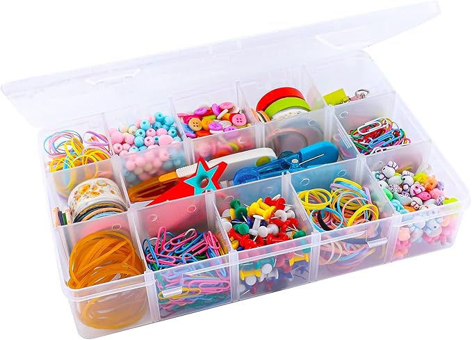 15 Large Grids Plastic Organizer Box with Dividers, Clear Compartment Container Storage for Washi Tapes Beads Crafts Jewelry Fishing Tackles, Size 11 x 6.3 x 2.2 in