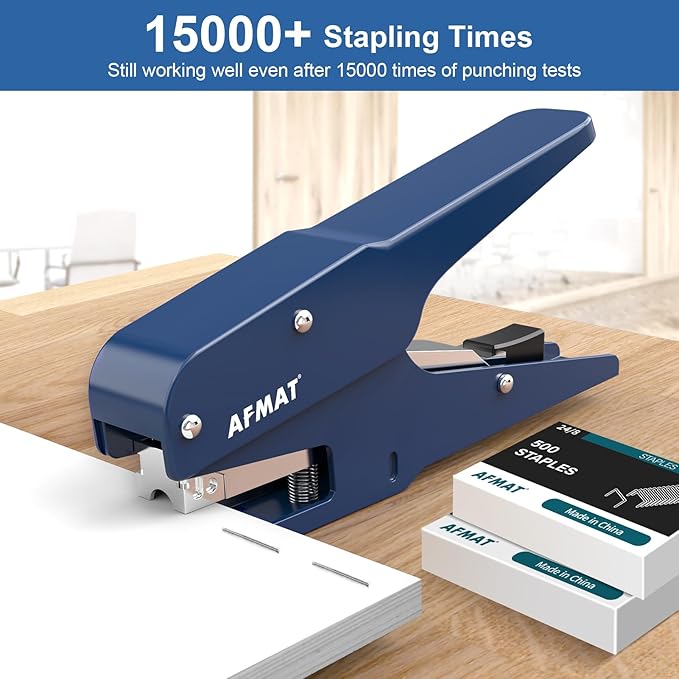 AFMAT Effortless Plier Stapler, Metal 35 Sheet Stapling Plier, 15000+ Stapling Times, with Staples & Reload Button, Handheld Stapler Heavy Duty, Space Save Size, Good for Office, Home, School, Blue
