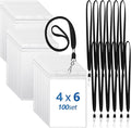 Chuangdi 100 Pcs Large 4 x 6 Inch Clear ID Badge Holder with Lanyard Waterproof Vertical Badge ID Card Holders Clear Plastic Tags Transparent PVC Pouch for Office (Black Lanyard)