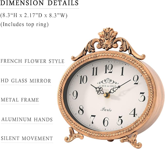 Abdurey Vintage Table Clock on Stand,Desk and Shelf Decorative Clock,French Rustic Style Mantel Clocks,Metal Frame Antique Gold Finish,Farmhouse,Bedroom, Bedside,Living Room,Gift Clocks