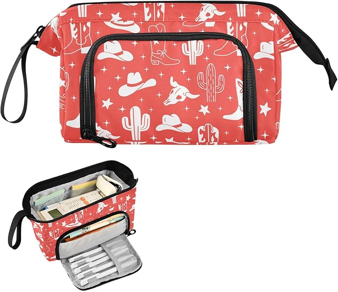 Western Cowboy Red Pencil Case Pouch Big Capacity Pencil Bag Box Organizer Pen Case with Compartmens Stationery Organizer for Girls Boys Women Kids Adults School