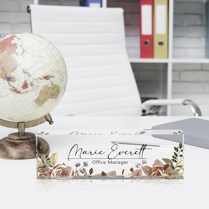 Custom Desk Name Plate, Personalized Acrylic Office Decor, Employee Appreciation Gifts for Boss, Manager, Teacher, Nurse (Threadlike Flower)