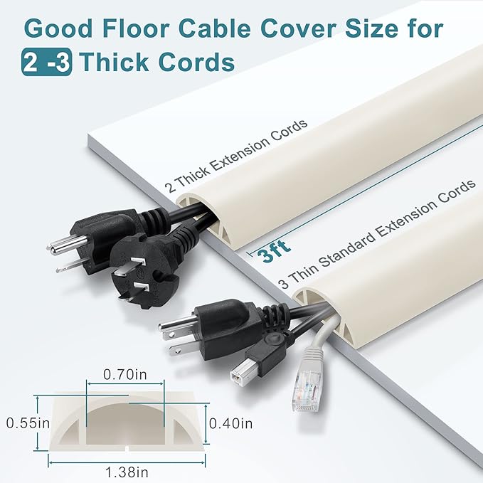 Cord Hider Floor, 3FT, Beige Cord Cover Floor, Cord Protector Floor Extension Cable Cover, Soft PVC Wire Covers - Cable Management Hide Cords on Floor - Cord Cavity: 0.7" (W) x 0.4"(H)