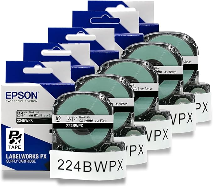 Epson LABELWORKS 224BWPX-5PK Genuine PET (Polyester) Tape Cartridge - 5 Unit Pack of Black on White Industrial Label Maker Tape - 1" (24MM) Wide, 30 ft - 5 Pack