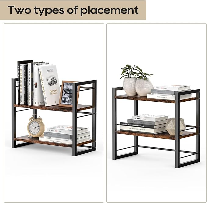 Office Desk Shelf Organizer, Wood Desktop Bookshelf Supplies Storage Rack, Shelf for Top of Desk and Dresser (Brown-2 Tier)