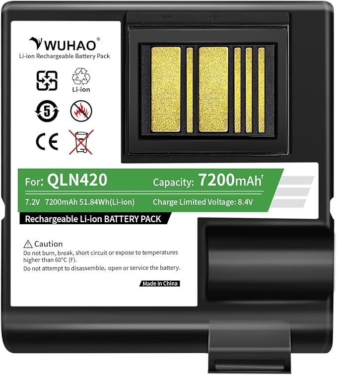 WUHAO QLN420 ZQ630 Battery Upgraded 7200mAh for Zebra QLN420 ZQ630 ZQ63-AUWA000-00 ZQ63-ACFAC10-00 Barcode Label Printer Replacement Battery P1050667-016 BTRY-MPP-68MA1-01