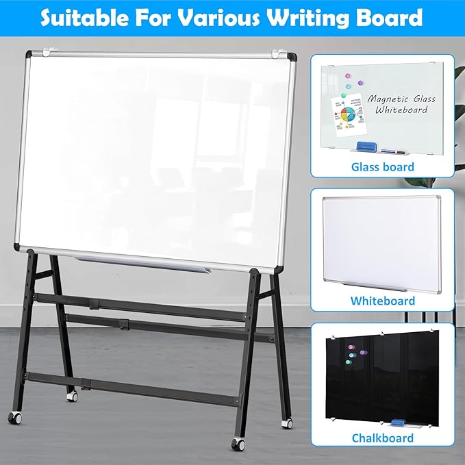 A-Frame Foldable Whiteboard Stand, Height and Width Adjustable, Mobile Stand with Wheels for All Heavy Duty Glass Blackboard, Chalkboard, Bulletin Board, Display Board, Drawing Board (Black)