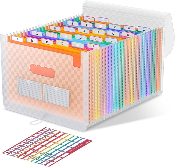 ThinkTex 26 Pockets Expanding File Folders, Accordion File Organizer with Expandable Cover, Monthly Bill Receipt Documents Organizer, A-Z Colorful Tabs, Letter/A4 Size -Orange