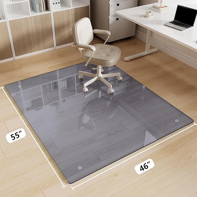 FlyEcho Glass Chair Mat 46" x 55" Heavy Duty Tempered Glass Office Chair Mat, Glass Floor Mat with Round Corner and Polished Edge for Smooth Glide, Carpet Hardwood Floor Protector,Grey