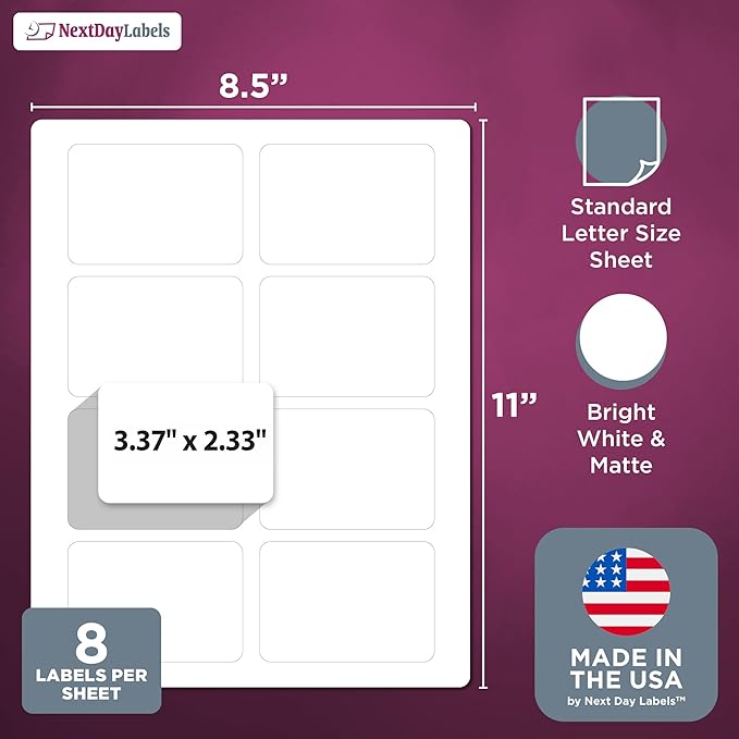 NextDayLabels – 3-3/8" x 2-1/3" Rectangular Sticker Labels for Printer - White Laser/Inkjet Printer Labels Return Address Labels Shipping Label Stickers (500 Sheets, 8 Per Sheet, 4000 Labels)