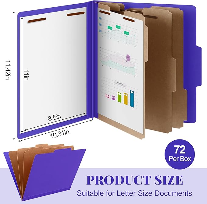 Skyygemm 72 Pcs Classification Folders Letter Size, 3 Divider Pressboard File Folder with Fasteners, Expanding File Organizer Bulk for Teachers, Clergy, Office, Church, Christmas Donations (Purple)