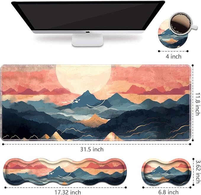 Ergonomic Keyboard Wrist Rest and Mouse Pad Wrist Rest Set, Large XXL Gaming Mousepad 31.5"x 11.8", Memory Foam, Easy Typing Pain Relief, Multifunctional Desk Mat for Office & Home, Mountain Sunrise
