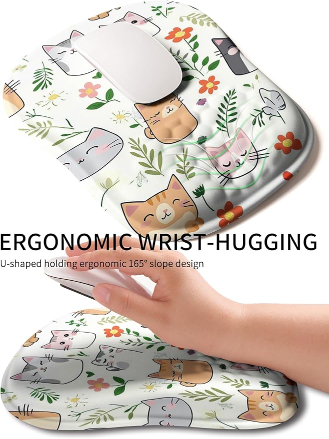 Hokafenle Ergonomic Wrist-Hugging Mouse Pad Wrist Support, U-Shaped Holding Wrist Rest Mousepad for Carpal Tunnel Pain Relief with Cushioned Memory Foam Slope Massage Bulge (10.2x8.3 in,Cute Cat)