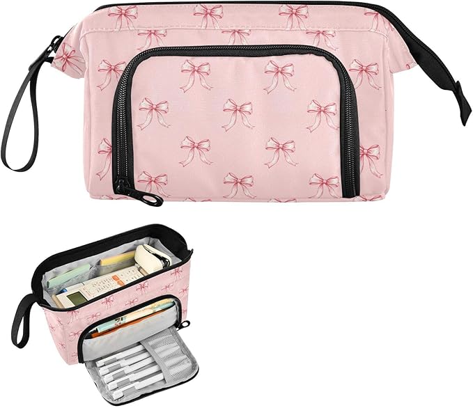 Ribbon Bow Pink Pencil Case Pouch Big Capacity Pencil Bag Box Organizer Pen Case with Compartmens Stationery Organizer for Girls School College